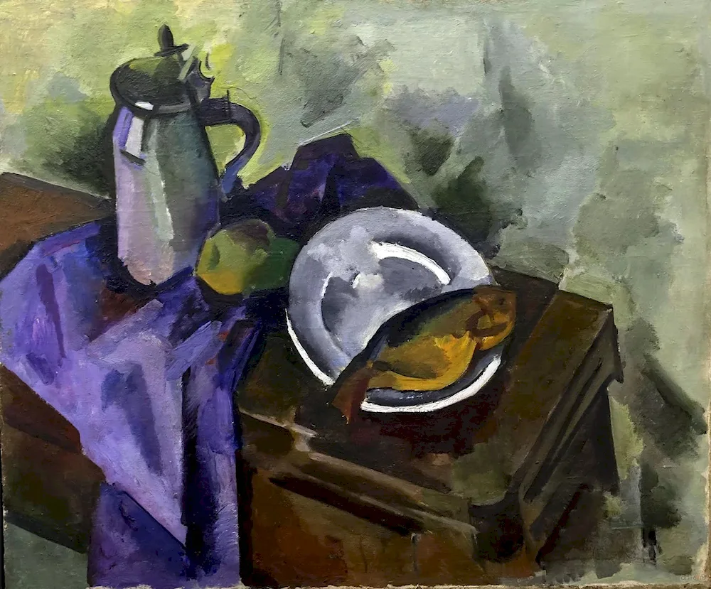 Alexander Kuprin still life with coffee pot and blue tray 1914