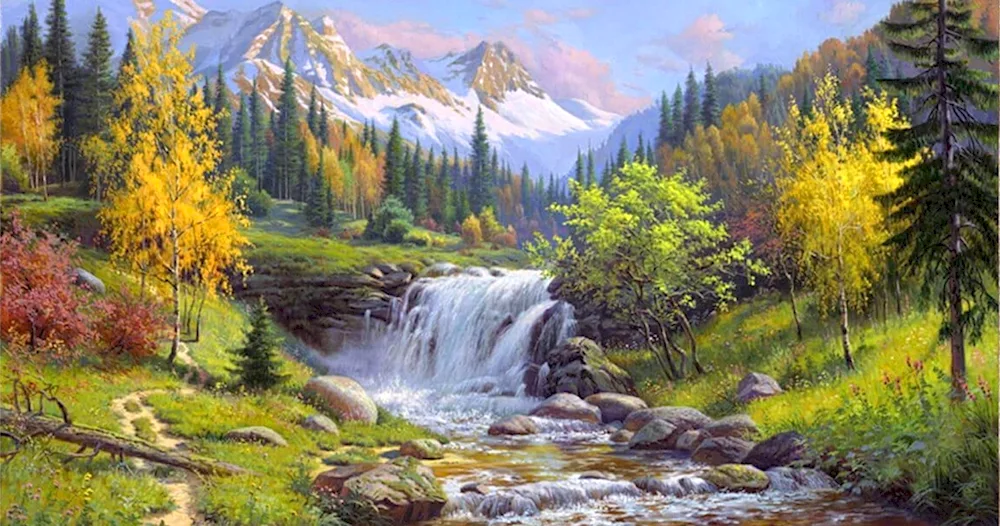 Diamond mosaic mountain waterfall 40x50