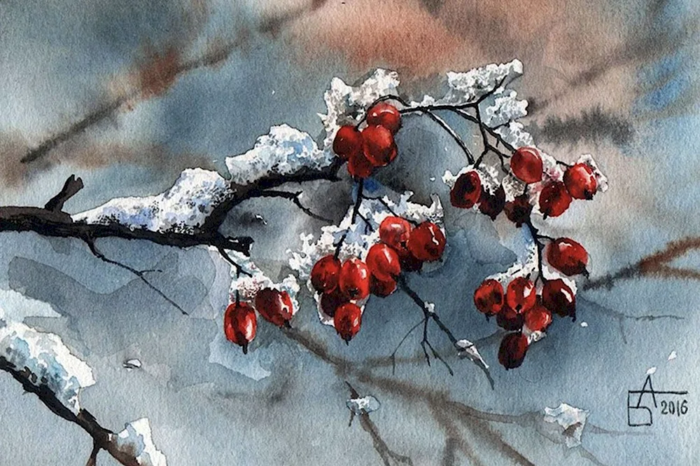 Ryabina blossoms in the paintings of artists