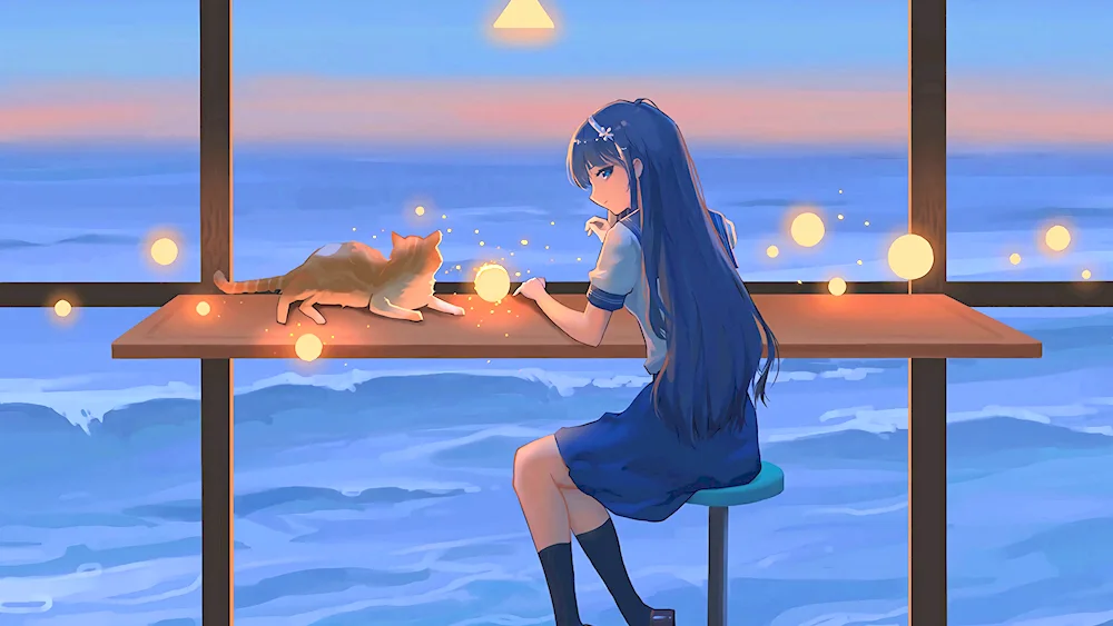 Anime girl sitting at a table