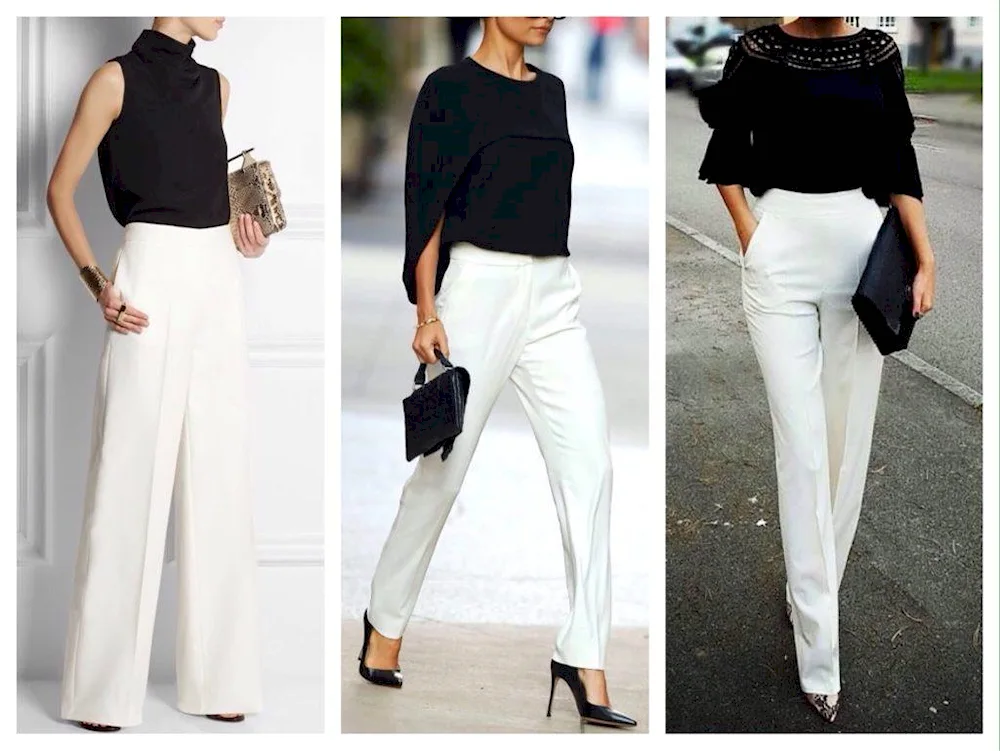 White trousers women black top