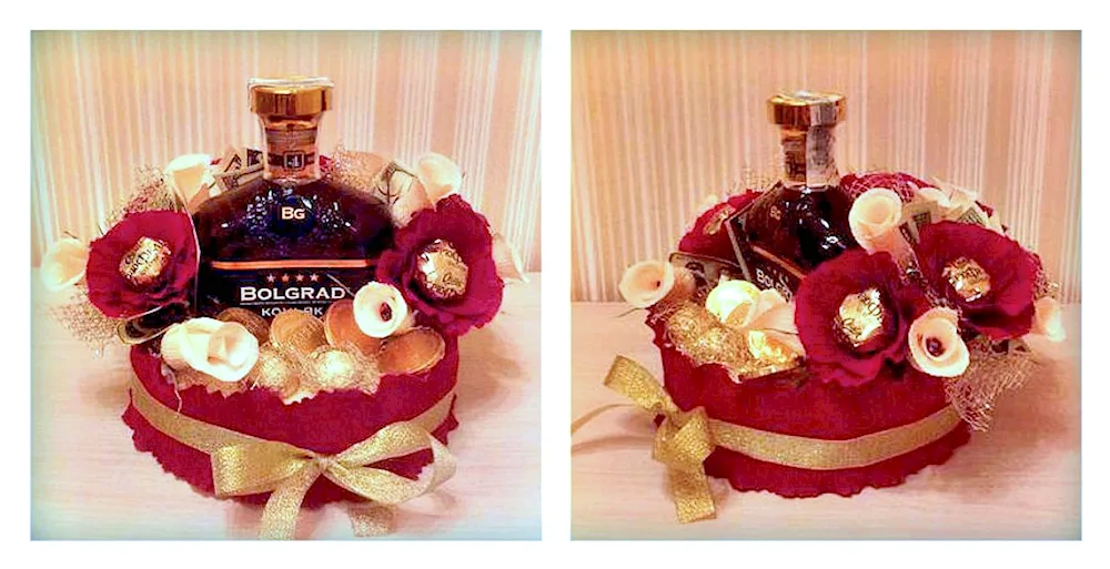 Bouquet from candy with a bottle of cognac