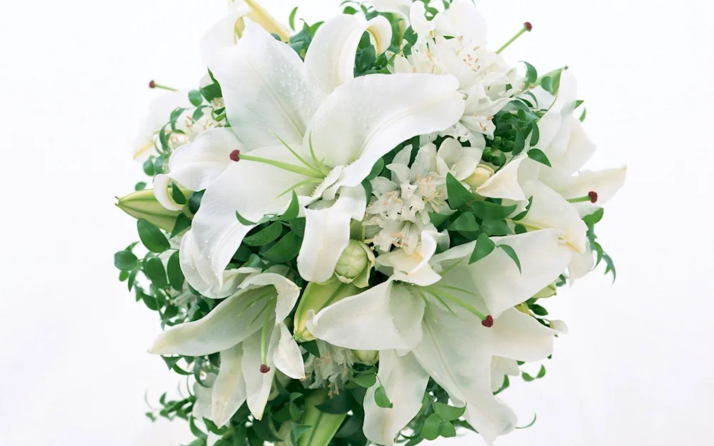 Bouquet of lilies with gypsophila