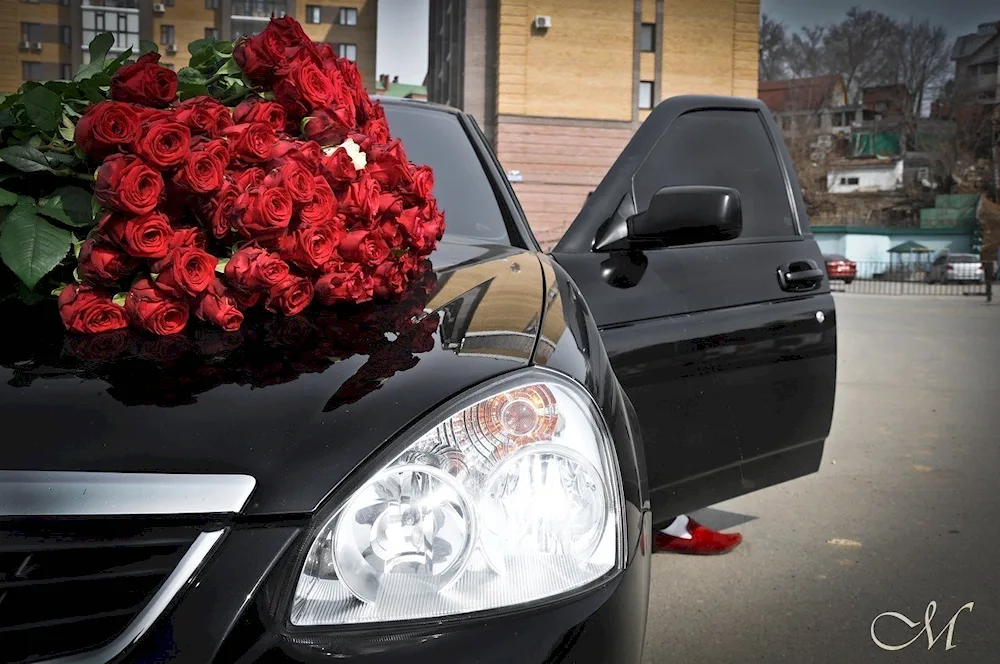 Rose bouquet in the car