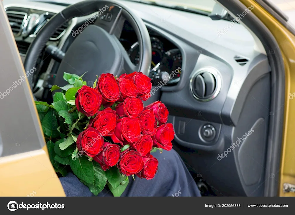 Bouquet of roses in the car