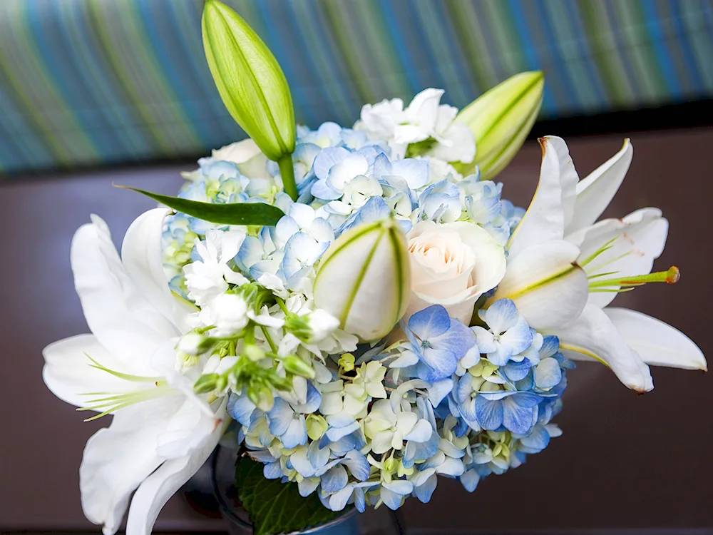 Lily and hydrangea bouquet. Rose and lilies