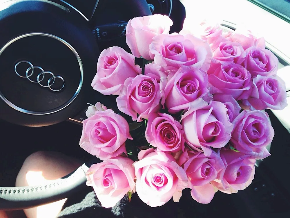 Bouquet of flowers in the car
