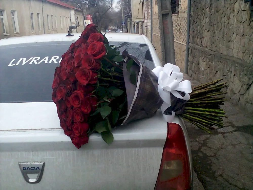 Bouquet of flowers in the car