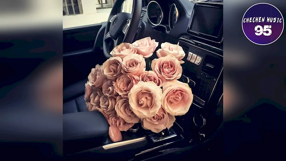 Bouquet of flowers in the car