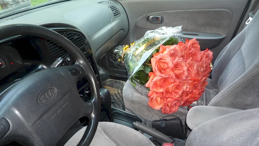 Bouquet of flowers in the car