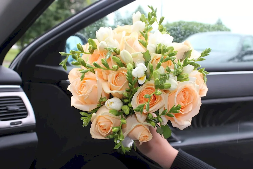 Bouquet of flowers in the car