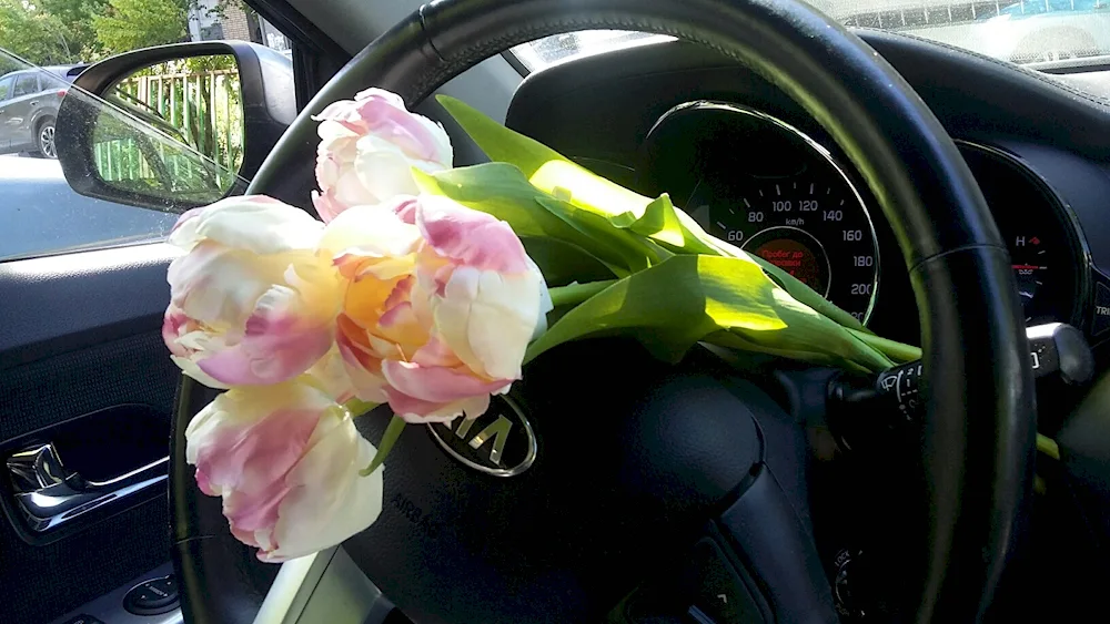 Bouquet of flowers in the car