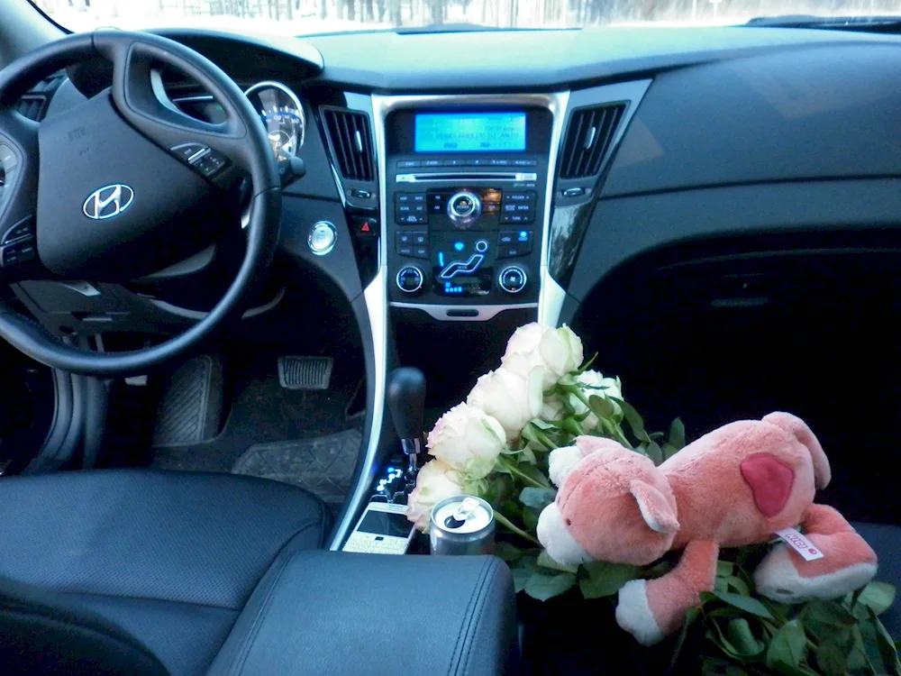 Bouquet of roses in the car