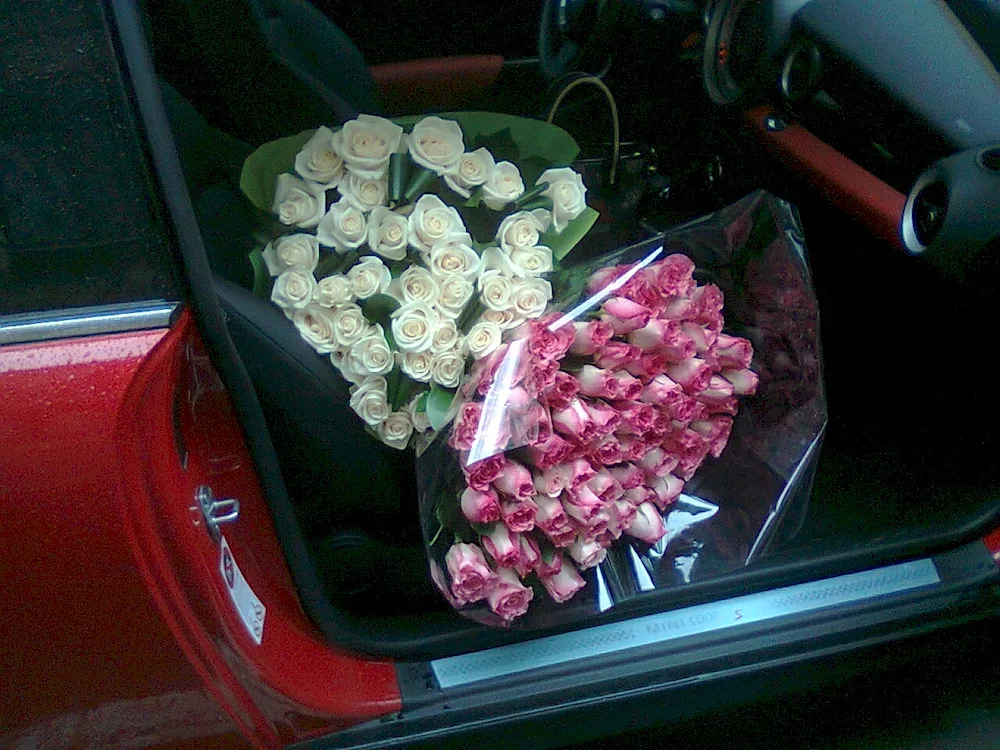 Bouquet of flowers in the car