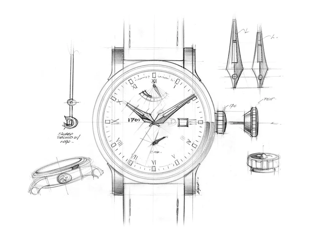 Glass with clock sketch