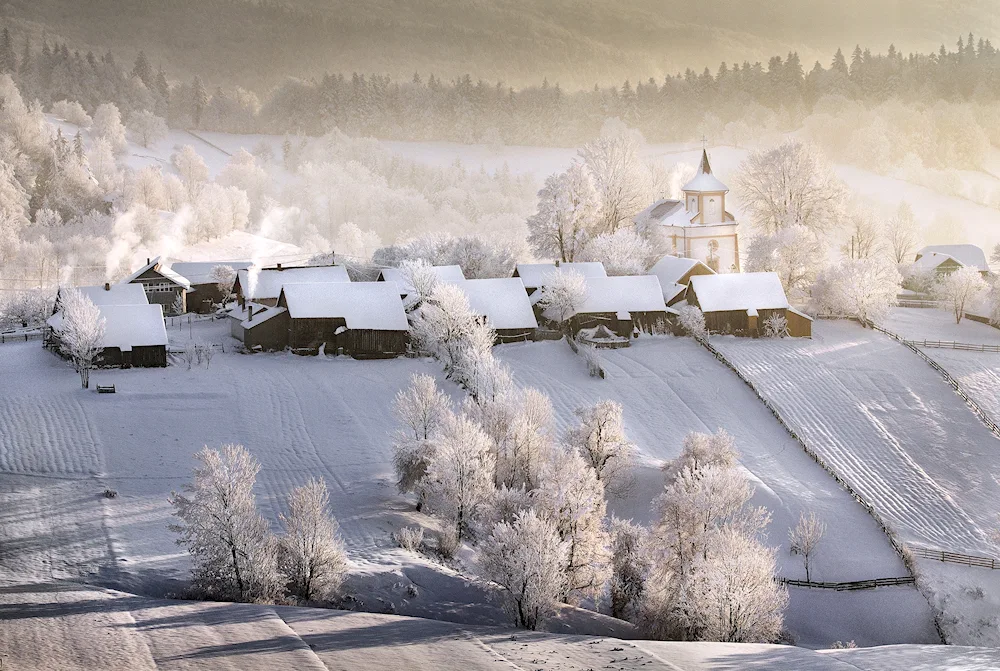 Megrega village Church in winter