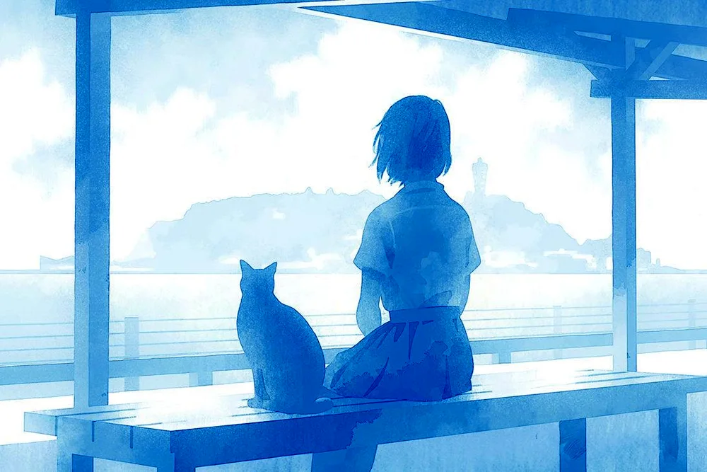 Girl with cat at the window