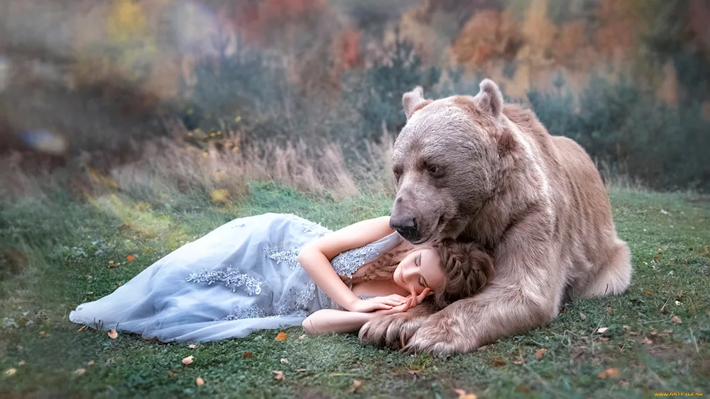 Bear and woman