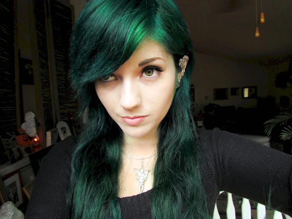 Kelsey James with green hair