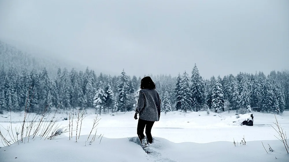 Winter girl in the forest with back