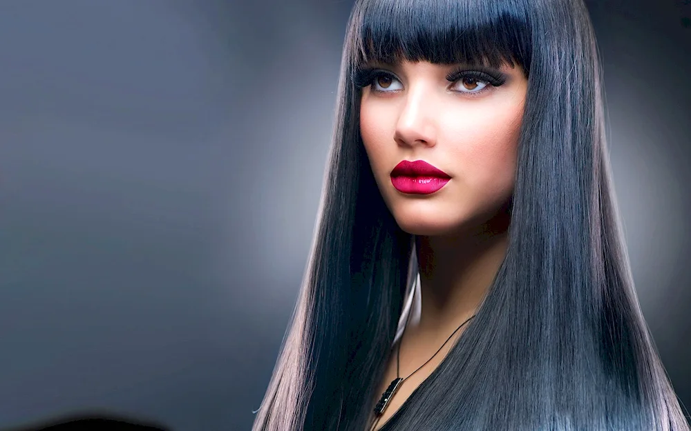 Long black hair with bangs