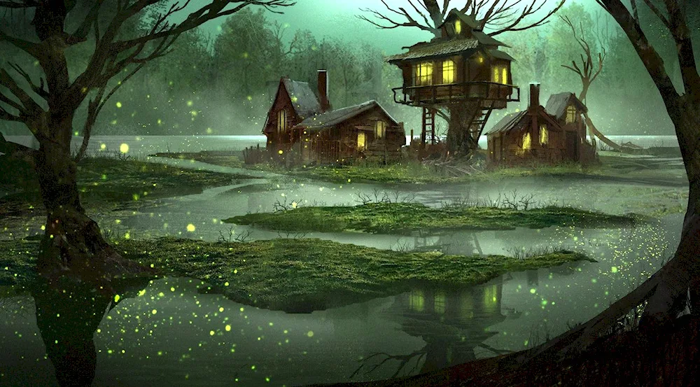 Fairytale swamp with frogs