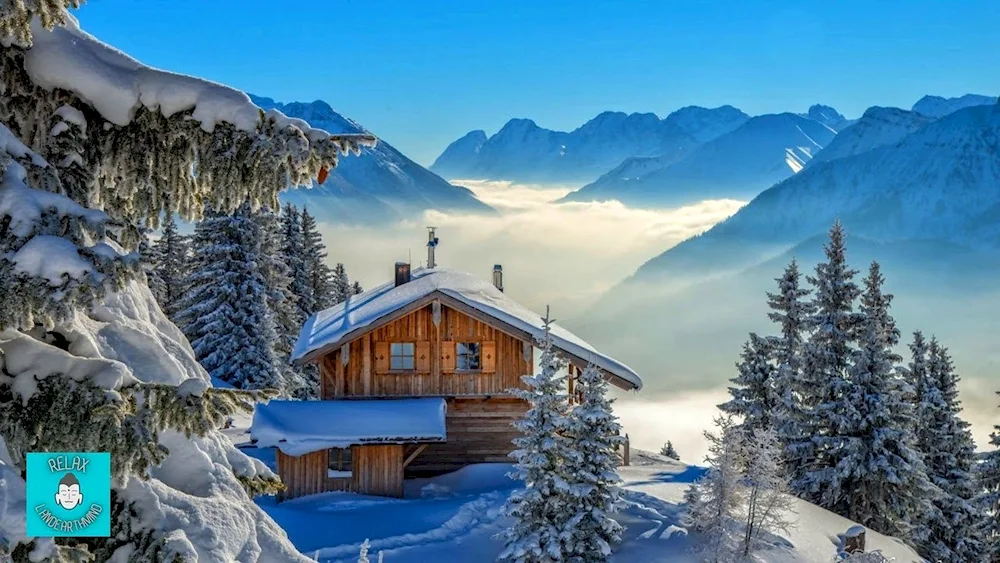 Winter cabin in the winter forest