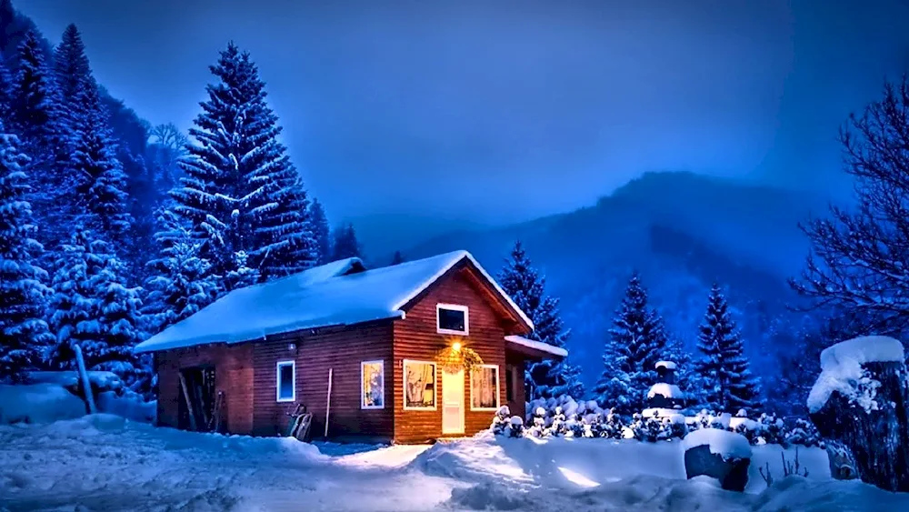 Winter house in the woods in winter