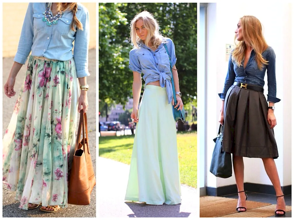 Denim shirt with long skirt