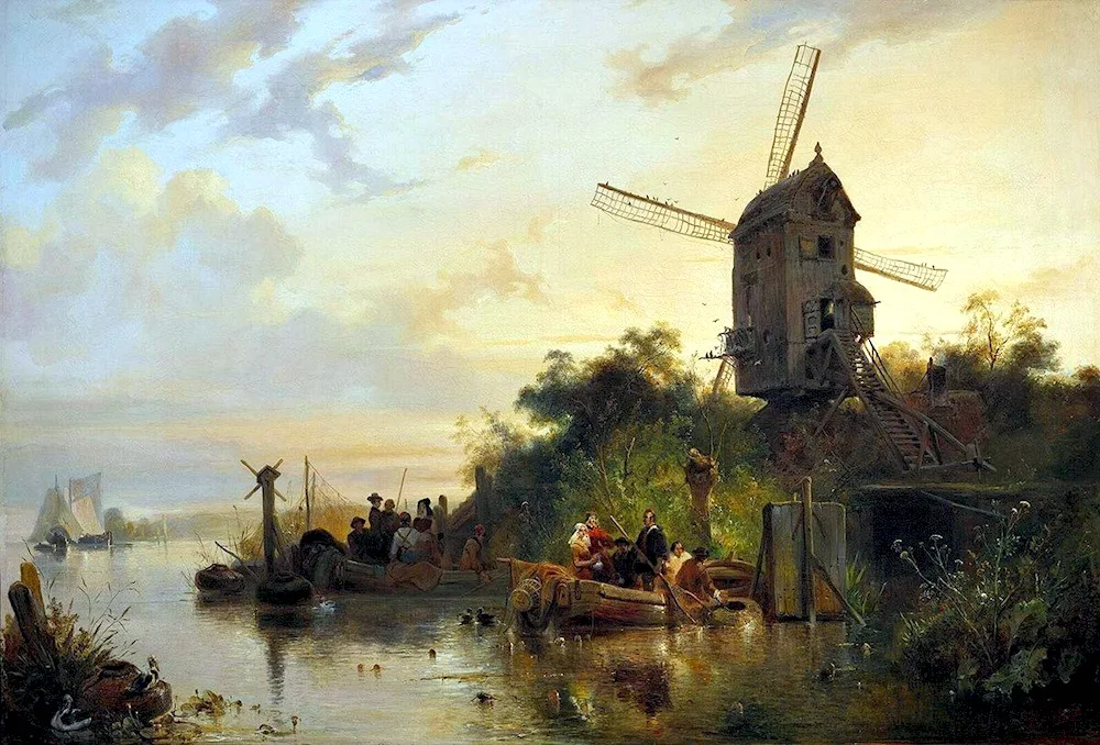 Flemish landscape with mill 17th century painting