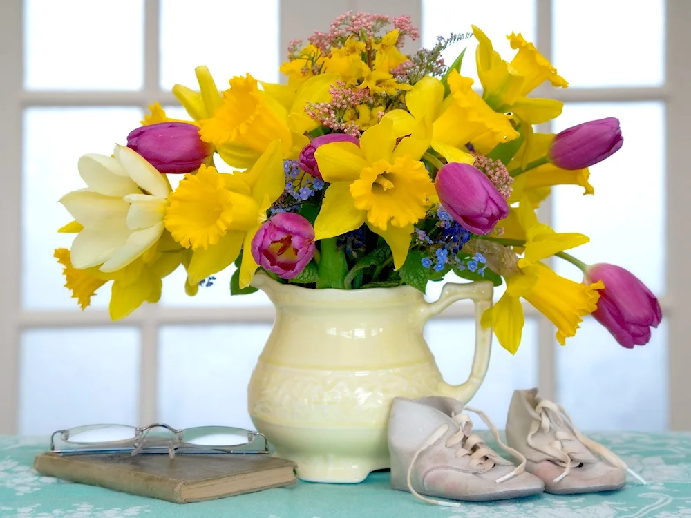 Lilies alstromeria and irises bouquet