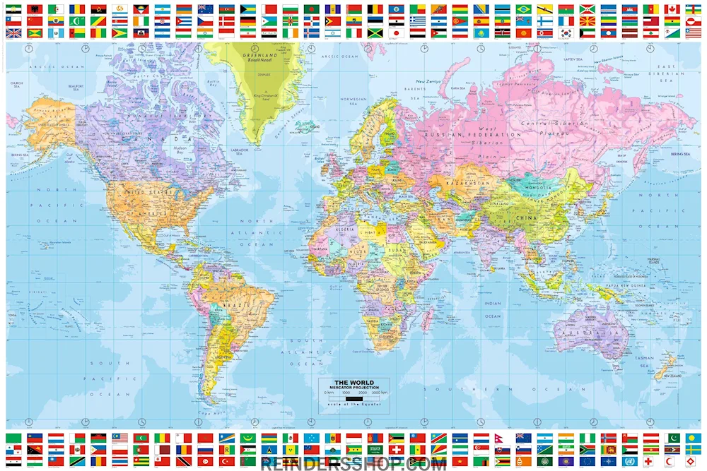 Geographic map of the world with countries large in Russian