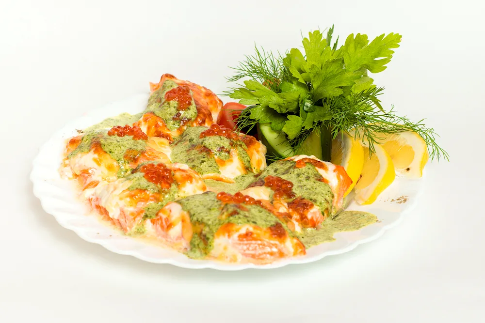 Salmon in cream sauce in a pan