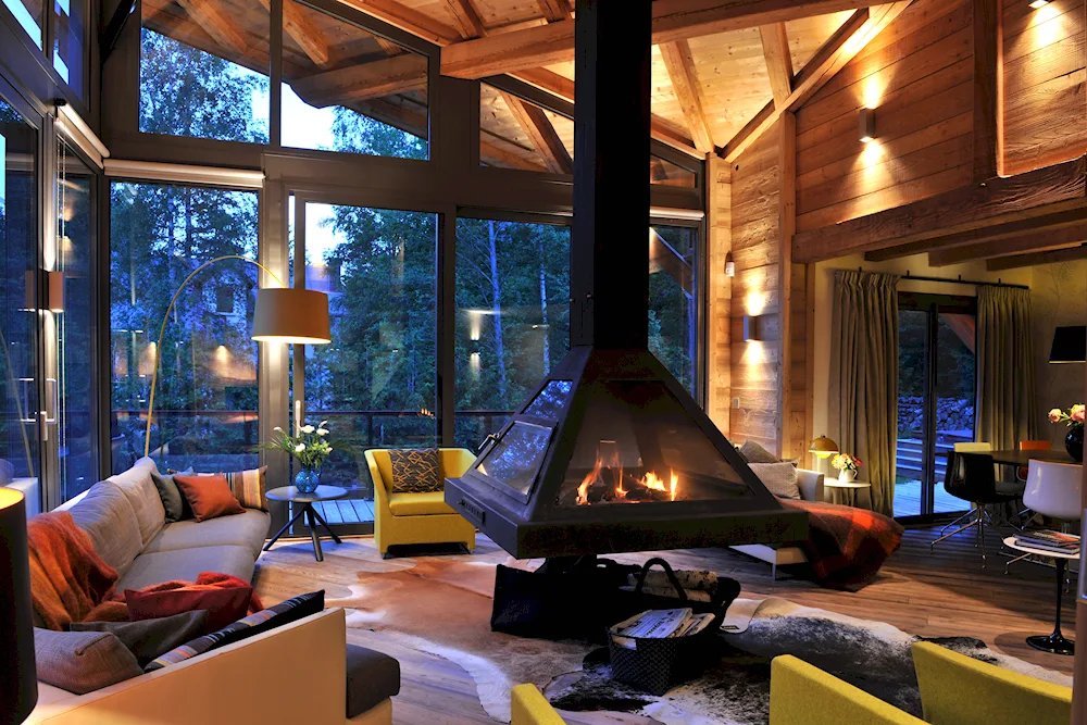 Living room with panoramic windows and fireplace