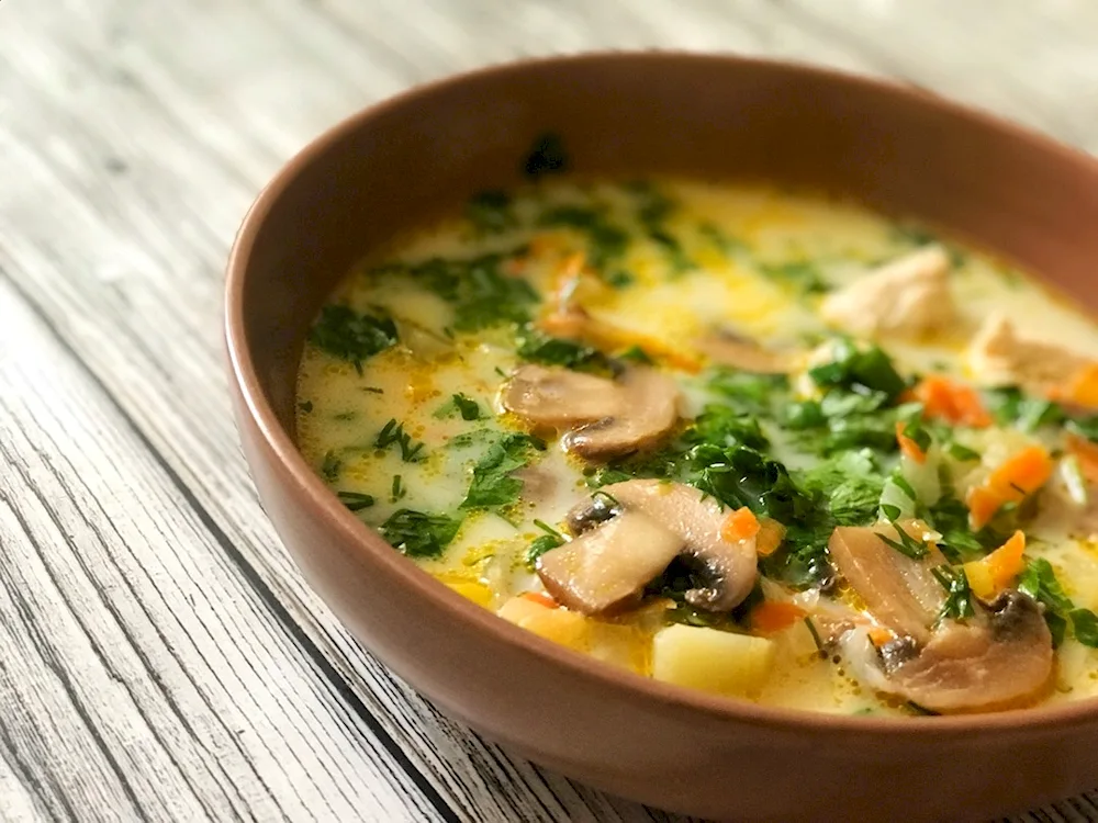 Mushroom soup with melted cheese
