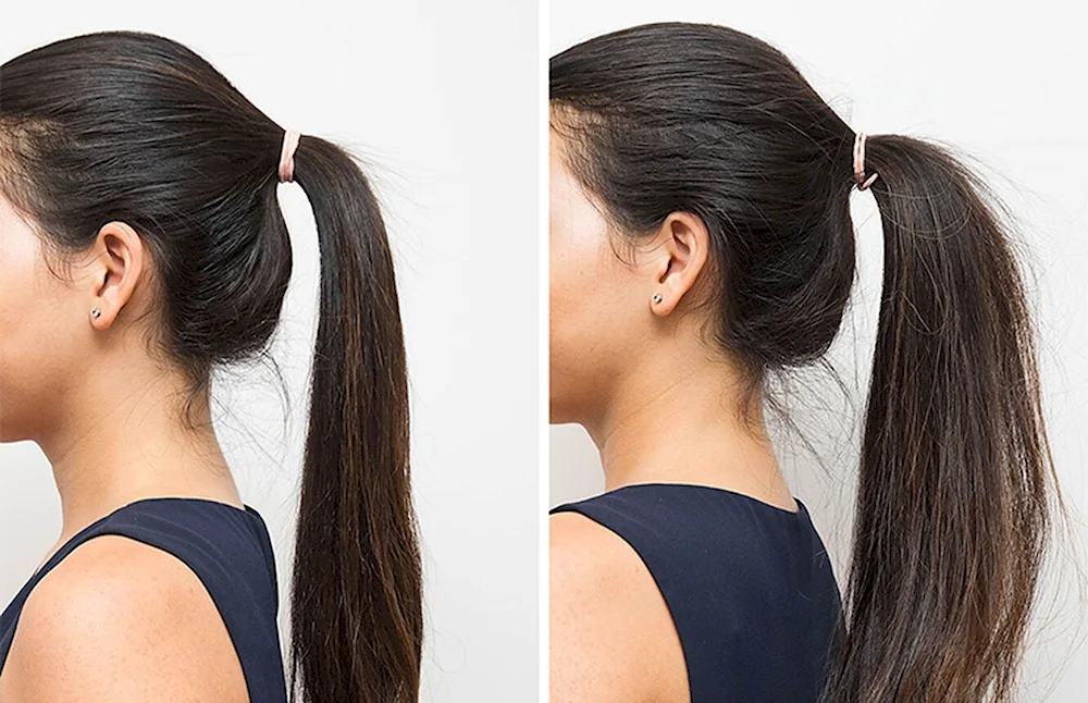 Bushy hair in a ponytail