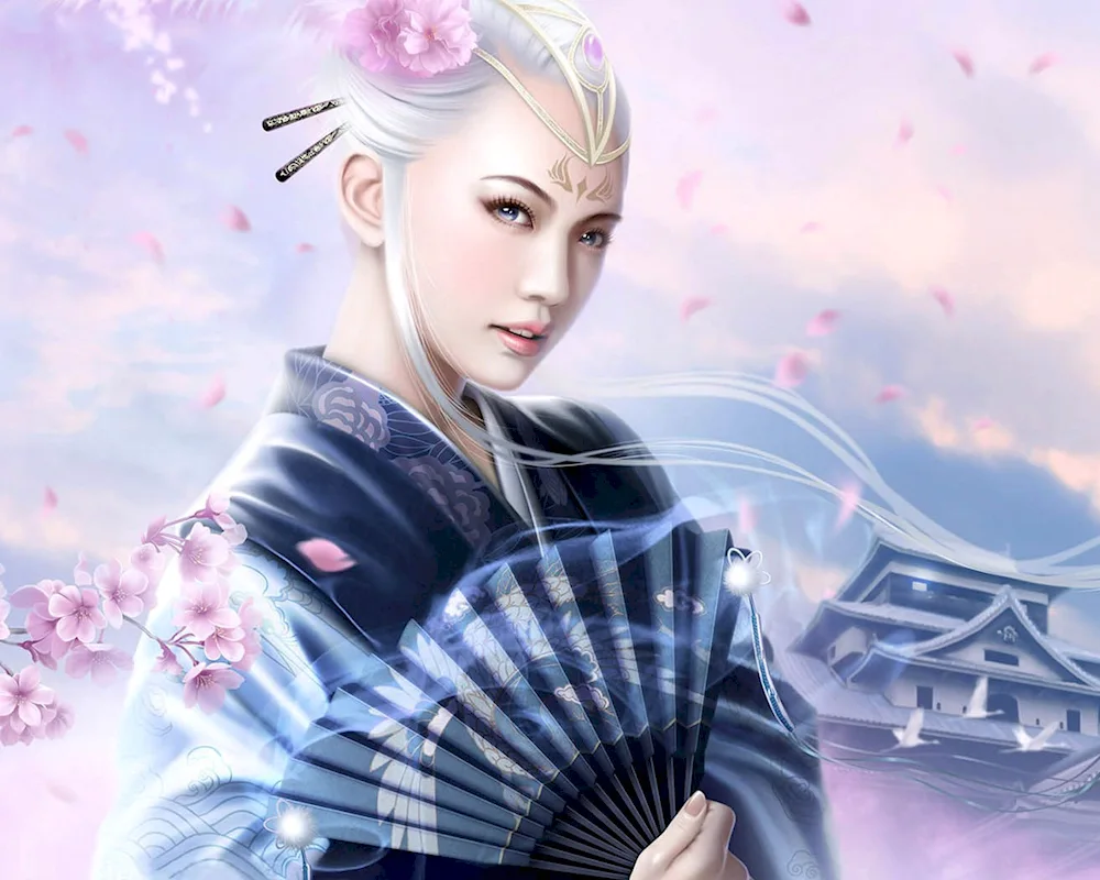 Japan Sakura geisha with fan