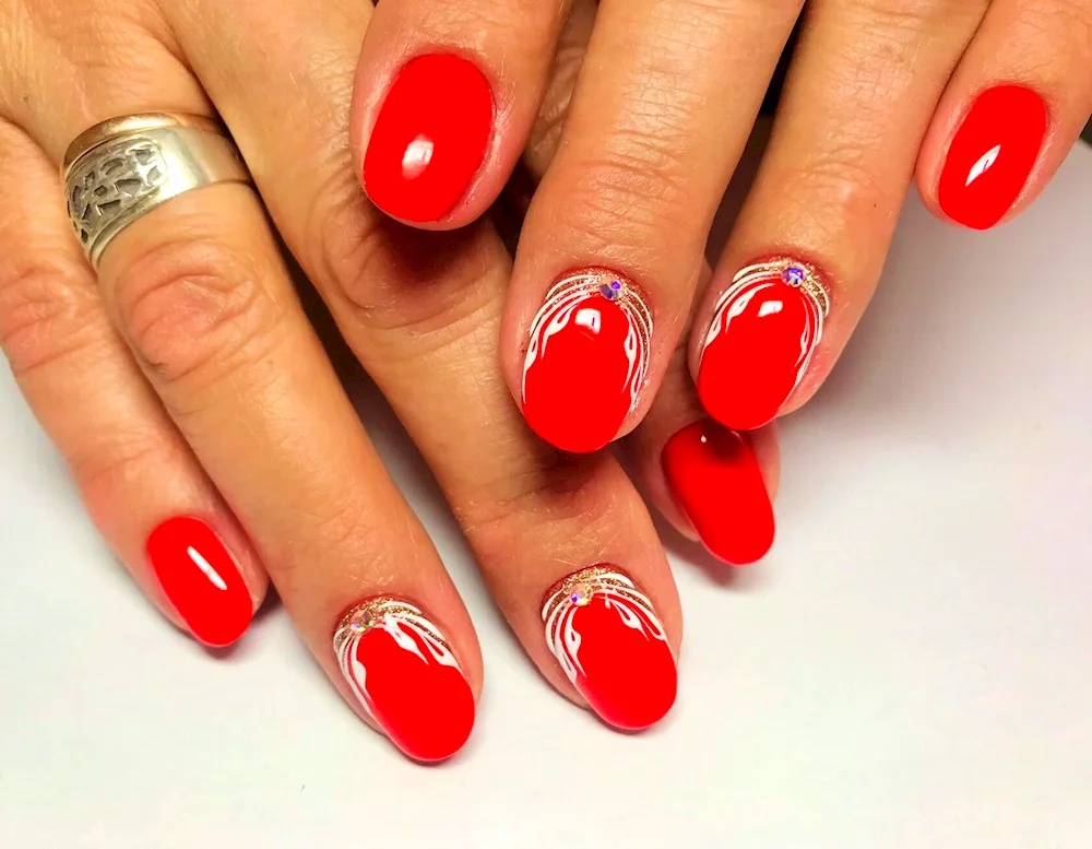 Red manicure with red colour