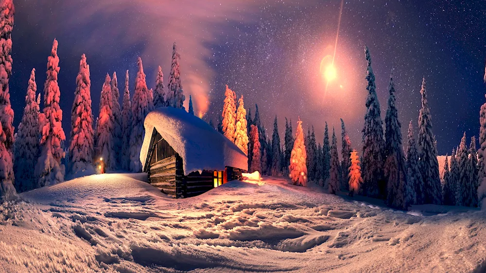 Winter hut in winter forest