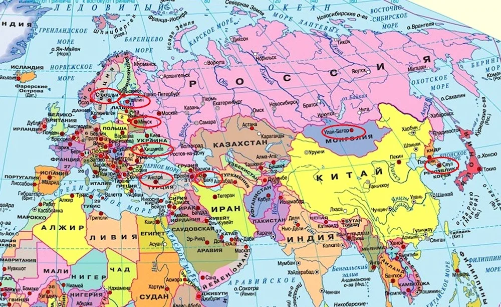 Map of Eurasia with countries in large in Russian