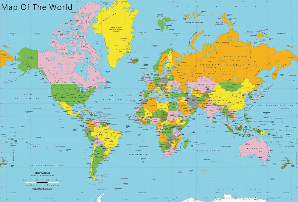 Political map of the world close-up with borders of states