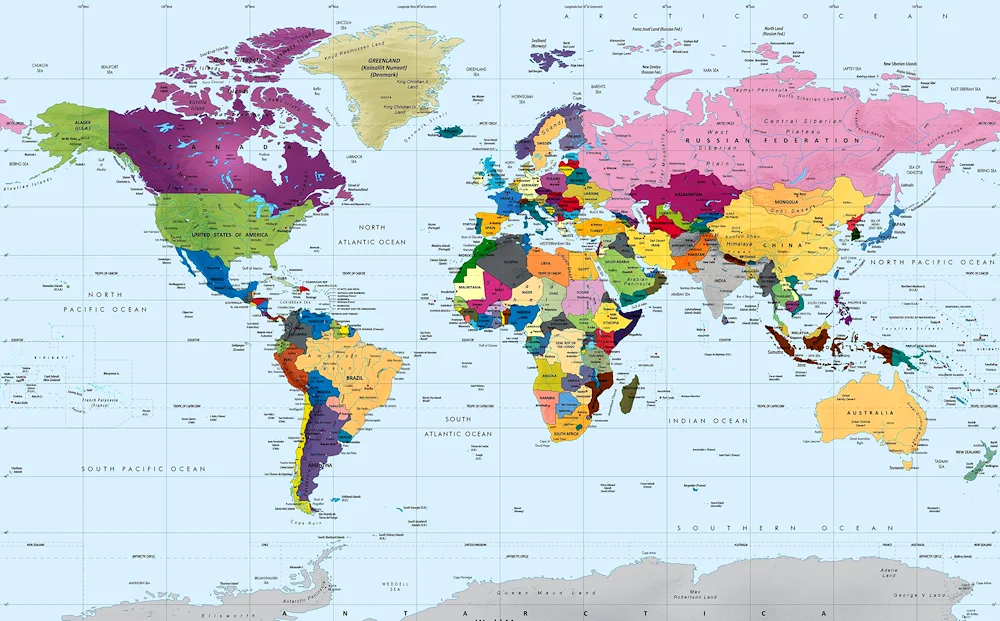 World map 2022 with borders with countries large in Russian