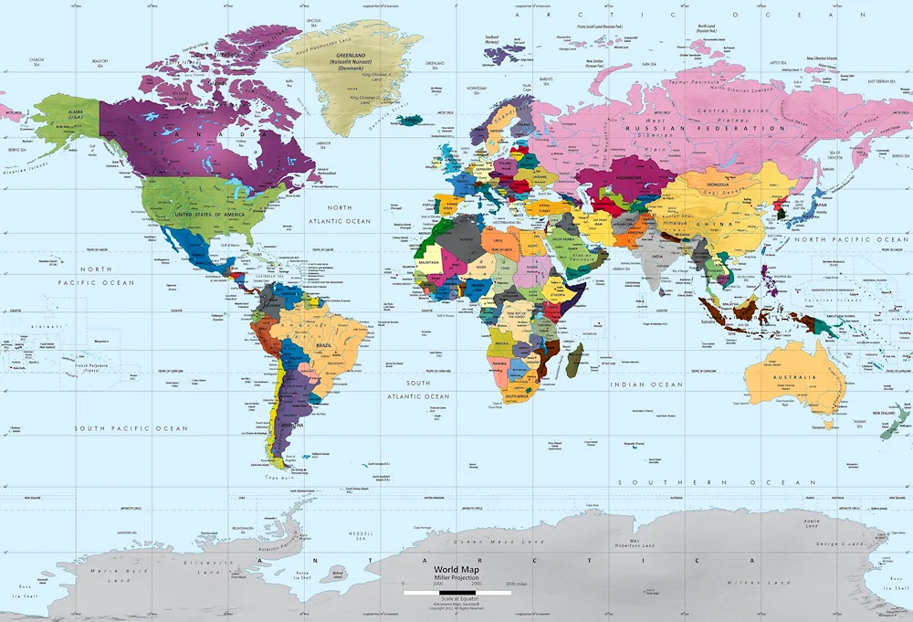 World map 2022 with borders of states large