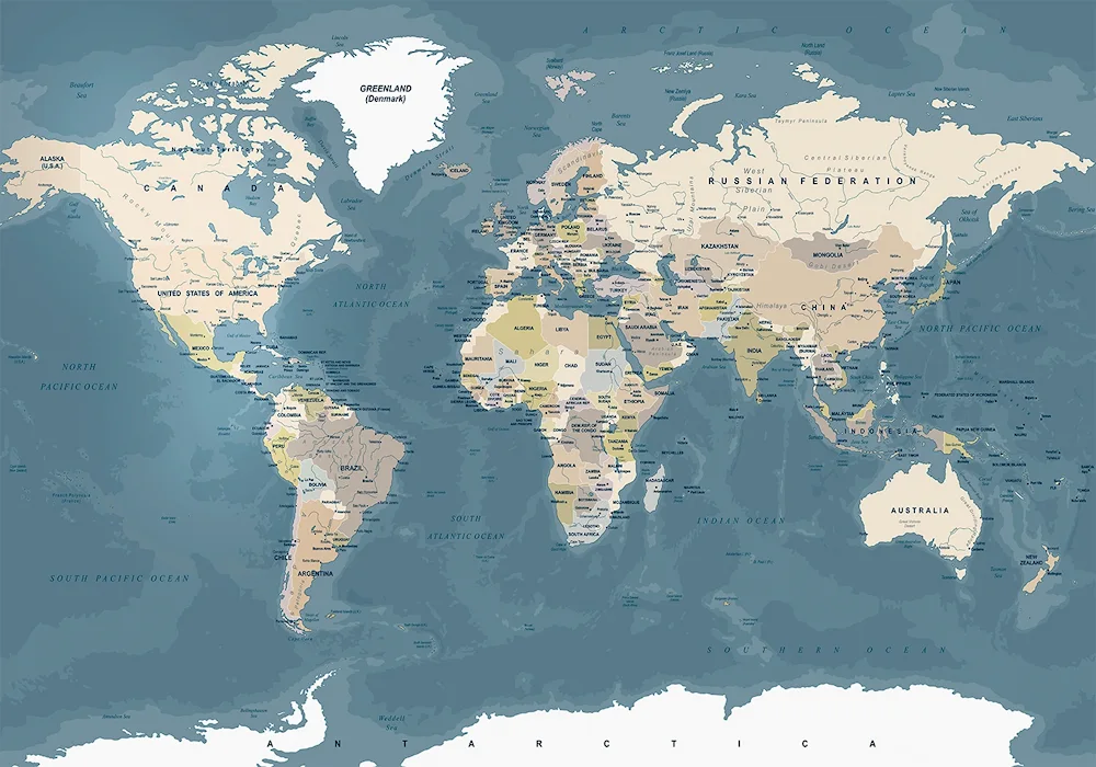 Map of the world with countries large in Russian with borders of the states 2022