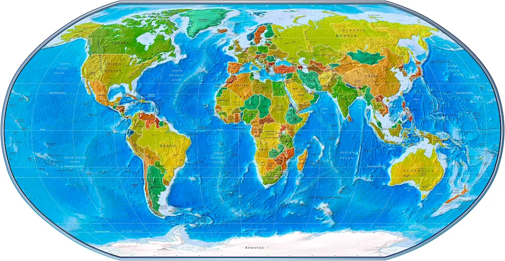 Map of the world with names of countries and cities in Russian