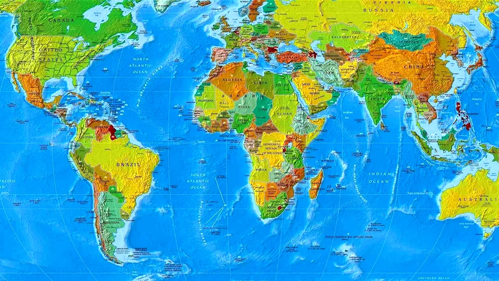 Map of the world with countries large in Russian with borders of states