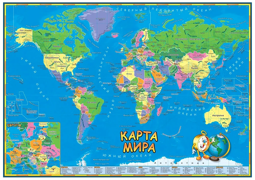 World map of the world with borders of states 2022 in Russian with countries