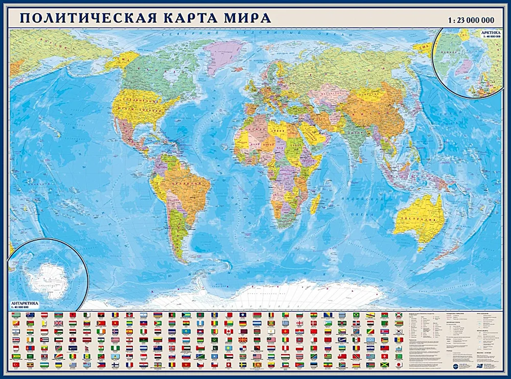 Political map of the world with countries large in Russian with borders of states 2022