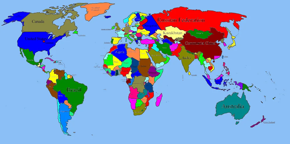 World map of the world with countries large in Russian with borders of states