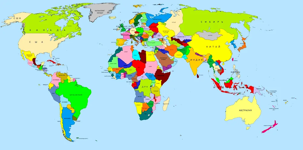 World map with borders of states 2022 in Russian with countries